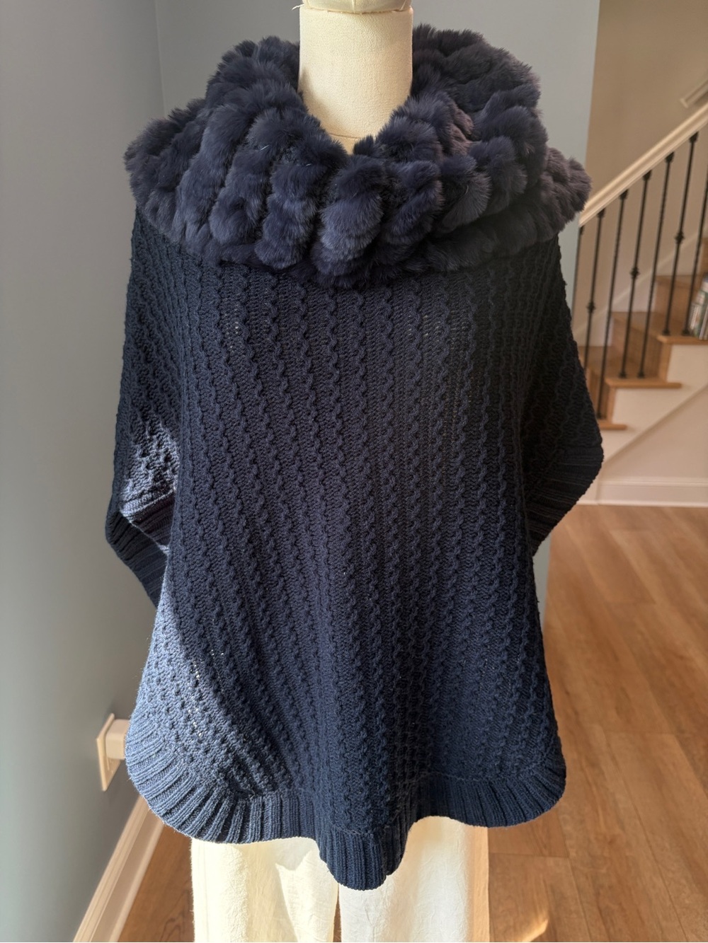 Love Token Navy Knit Faux Fur Collar Poncho Sweater Cape One Size